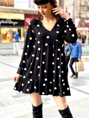 Zara Black White Polka Dot Mini Dress Long Sleeve V Neck Flowy Babydoll Medium